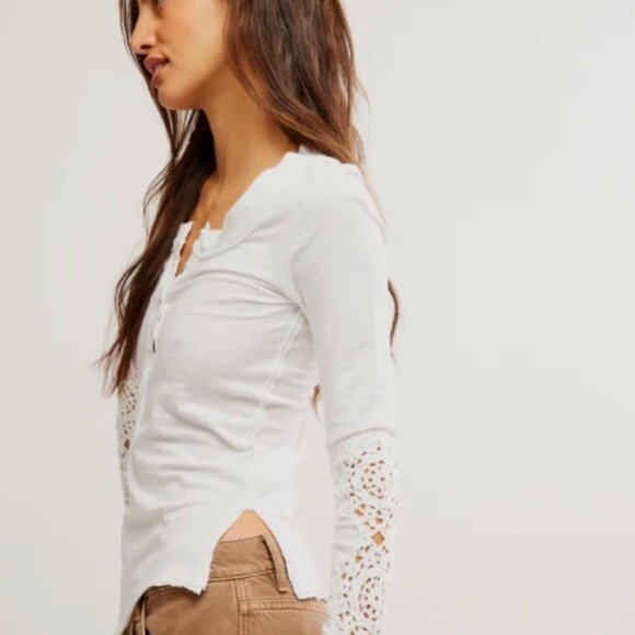 Free People Our Song Henley Cuff Top White - Picture 2 of 3